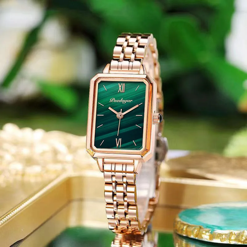 POEDAGAR Popular Simple Waterproof Women's Small Green Watch Square Quartz Solid Steel Band High Quality Belt Watch Retro Peacoc