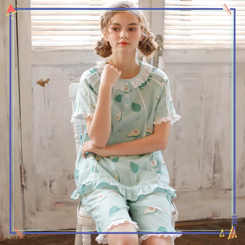 Women's Pajamas Summer Thin Fresh and Cute Short-sleeved Shorts Cotton Sleepwear Literary Style Loungewear Round Neck Home Suit