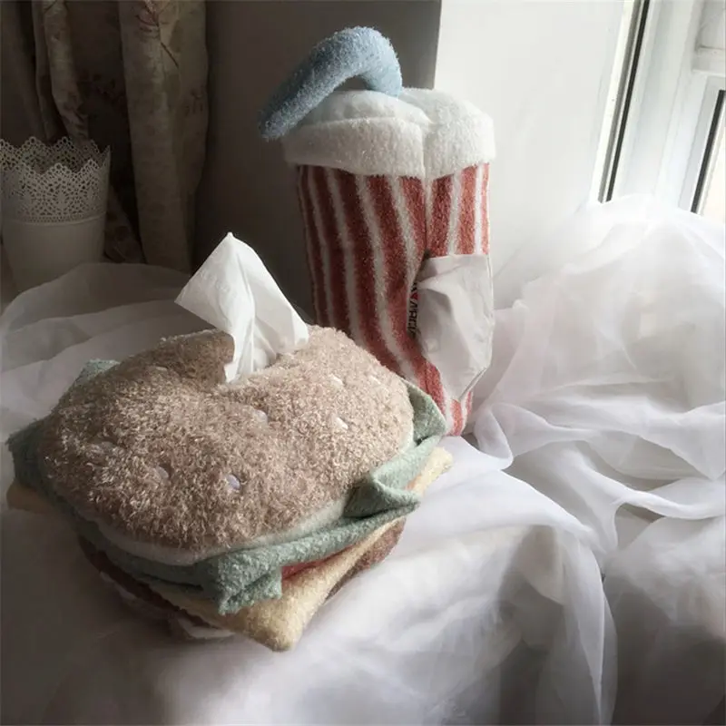 

Cartoon Tissue Box Case Coke Burger Storage Bag Hairy Cloth Paper Towel Box for Holiday Gifts Home Décor Car Decoration