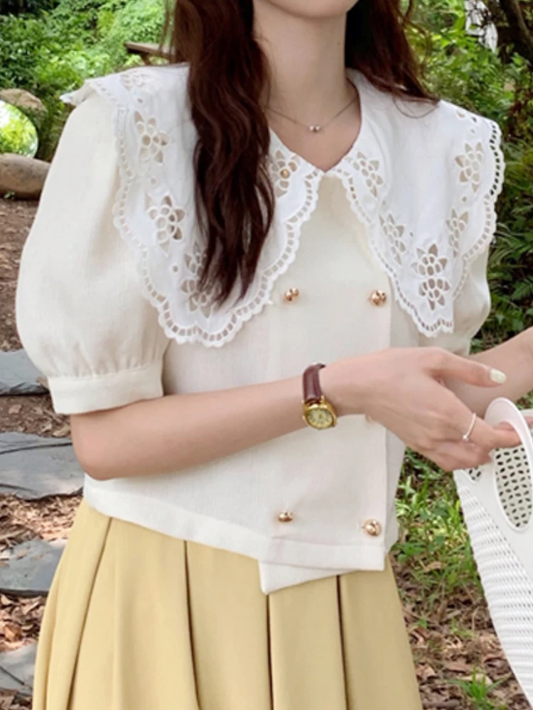 

Japan Cute Woman Sweet Style Doll Collar Shirt Top Gentle Lolita Girl Puff Sleeves Lace Stitching Niche Soft Sister Chic Shirt