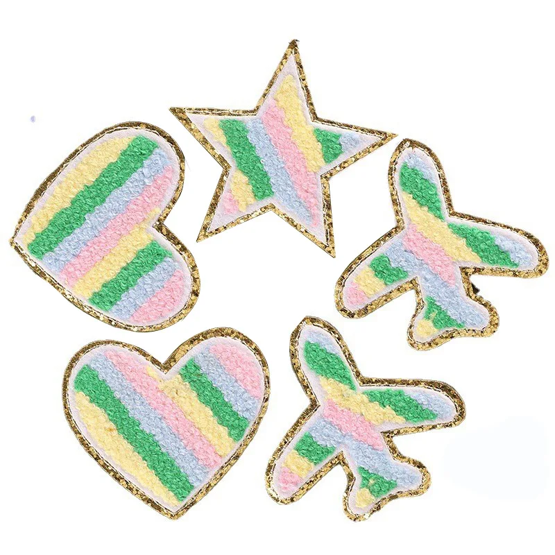 

Chenille Iron on Patch Five-pointed Badges Love Heart Aircraft Patches for Clothes Hot Glue Decoration for Cloth DIY Accessories