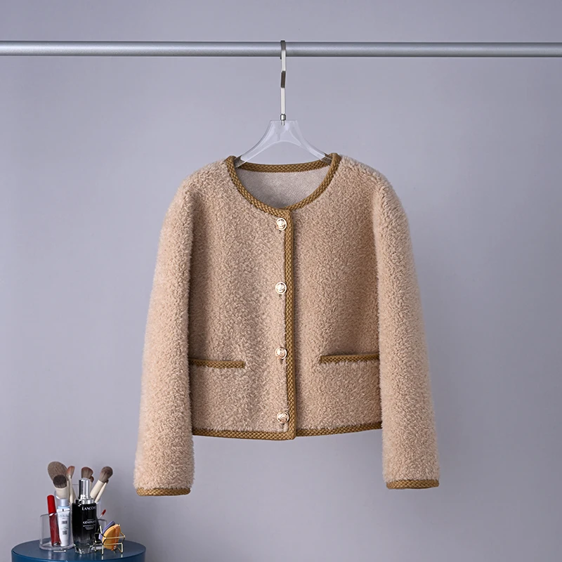 2023 Women Winter Fashion Genuine Wool Fur Jackets Female Short Sheep Shearing Coats Ladies O-neck Real Fur Overcoats R363
