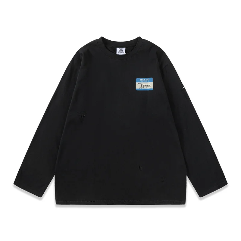 

Vetements Black Long Sleeve T-shirt High Quality Washed Aged Damaged Printed Hello Logo Loose Men Women VTM T-shirt Sweatshirt