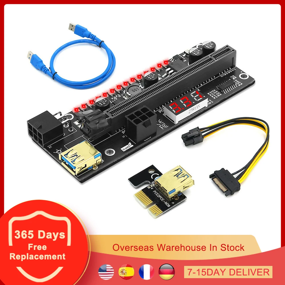 

PCIE Riser 1x to 16x Graphics Extension Card Colorful Flash LED for BTC ETH Mining Powered Riser Adapter Card PCI-E X1 to X16