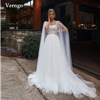 verngo new design tulle wedding dresses applique pearls beads long cape sweetheart sweep train bridal gowns robe de mariage