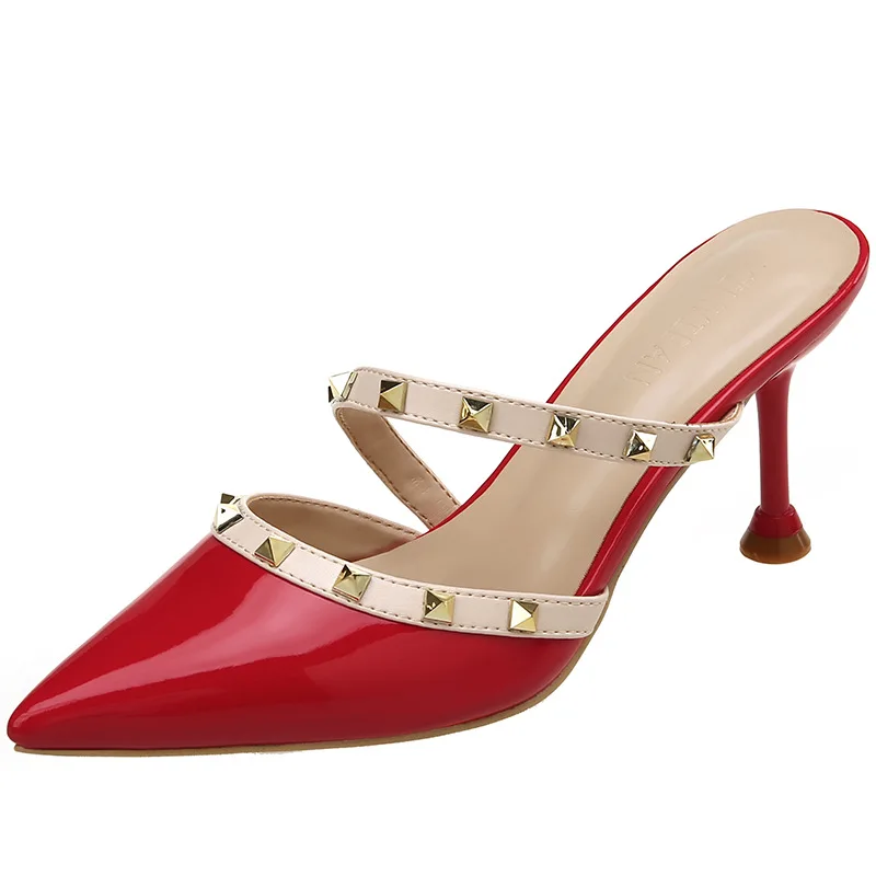

Baotou half slippers female spring and summer new small size high heel sandals female pointed sexy rivets high heels