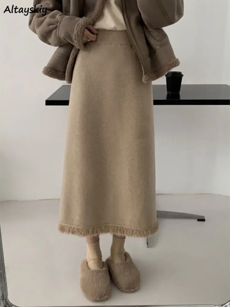 

6 Colors Knitted Tassel Skirts Women Solid Tender Warm Thick Winter Clothes Casual Mid Calf Faldas Largas High Waist All-match