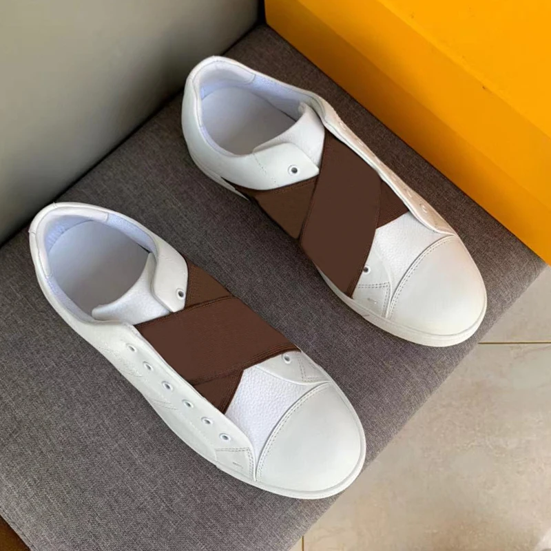 

Designer Man White Leather Slip-Ons Sneakers With Criss-Crossing Elastic Straps Breathable Air Mesh Lining Comfy Male Footwear