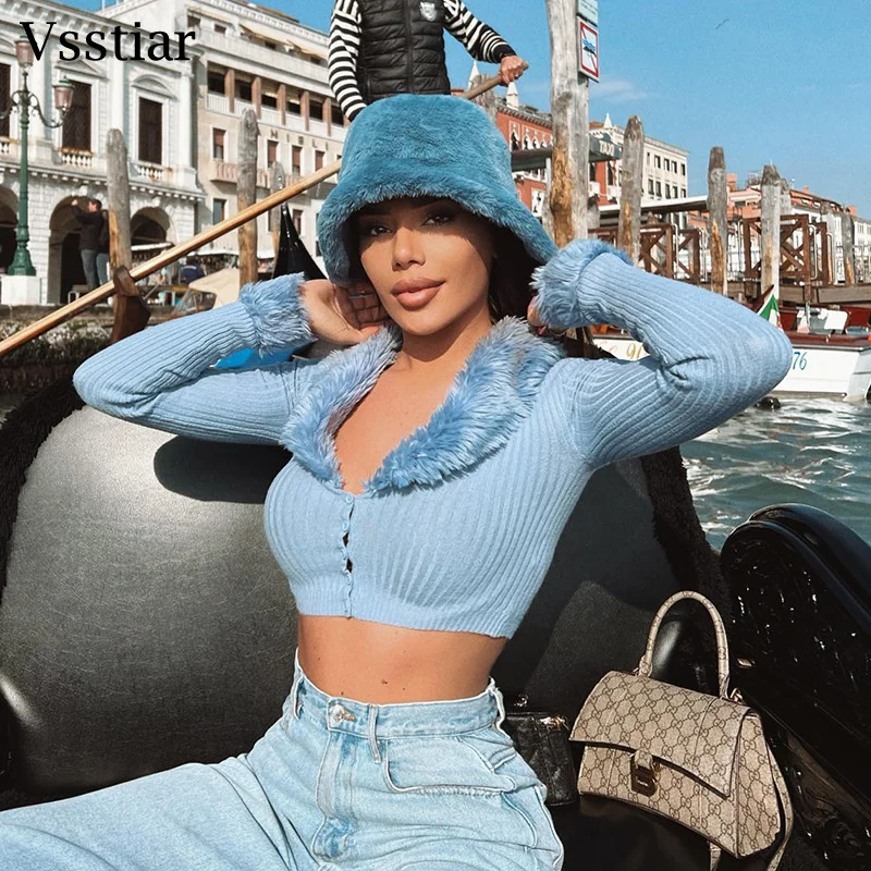 

Модные топы с меховым воротником Vsstiar, вязаная футболка с перьями, с длинным рукавом, V-образным вырезом, на пуговицах, повседневные обтягива...