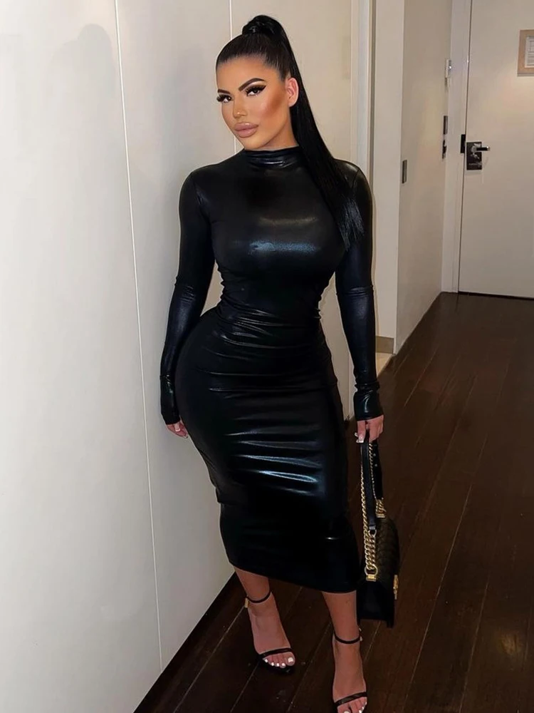 

Macheda Pu Leather O Neck Long Sleeve Bodycon Midi Dresses for Women 2022 Autumn Winter Sexy Evening Party Dress Robe Female