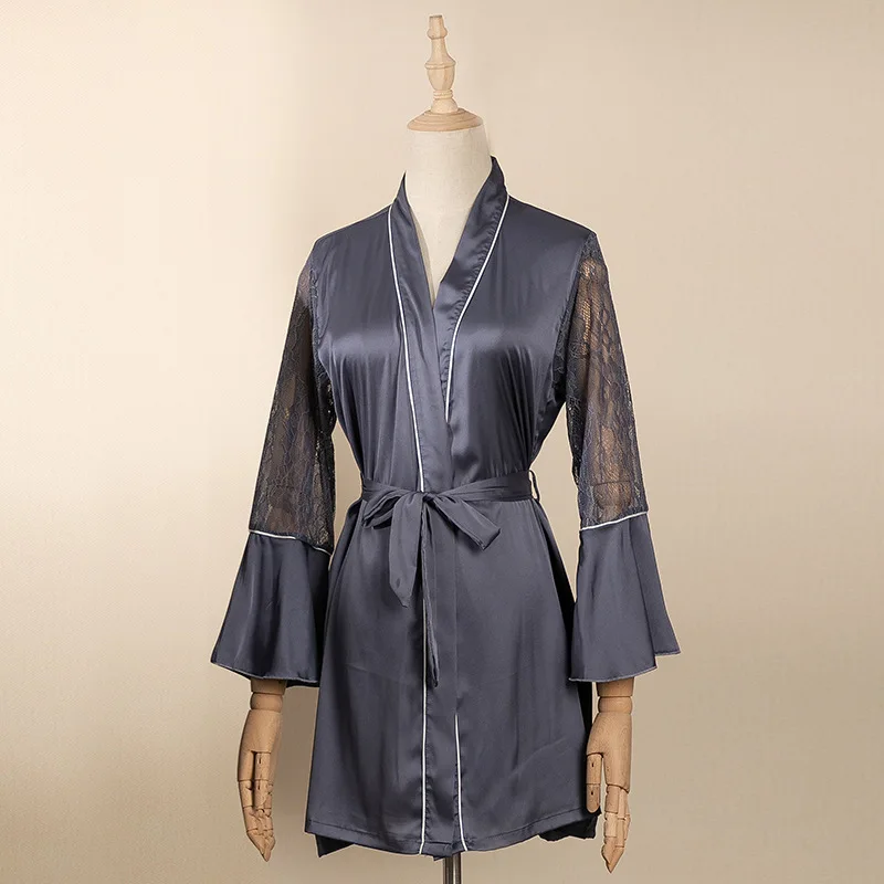 

Pajamas Women's Bathrobes Silk Nightgown Sexy Hollow Korean Style Casual Robe Home Clothes Long Kimono Solid Lace Sleepwear Pj