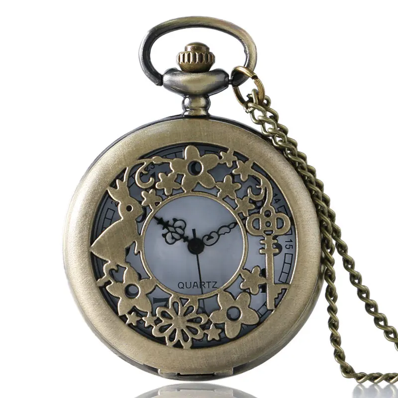 

Retro Pocket Watch Flower Hollow Design Quartz Pocket Watches Gift for Men Women Bronze Necklace Pendant Chain Clock Souvenir