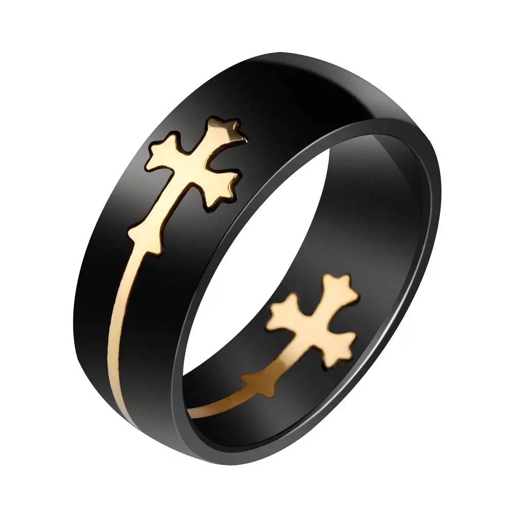 

Korean creative detachable gold cross black ring titanium steel men's ring
