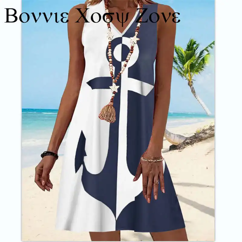 

Женское платье без рукавов с V-образным вырезом и принтом якоря