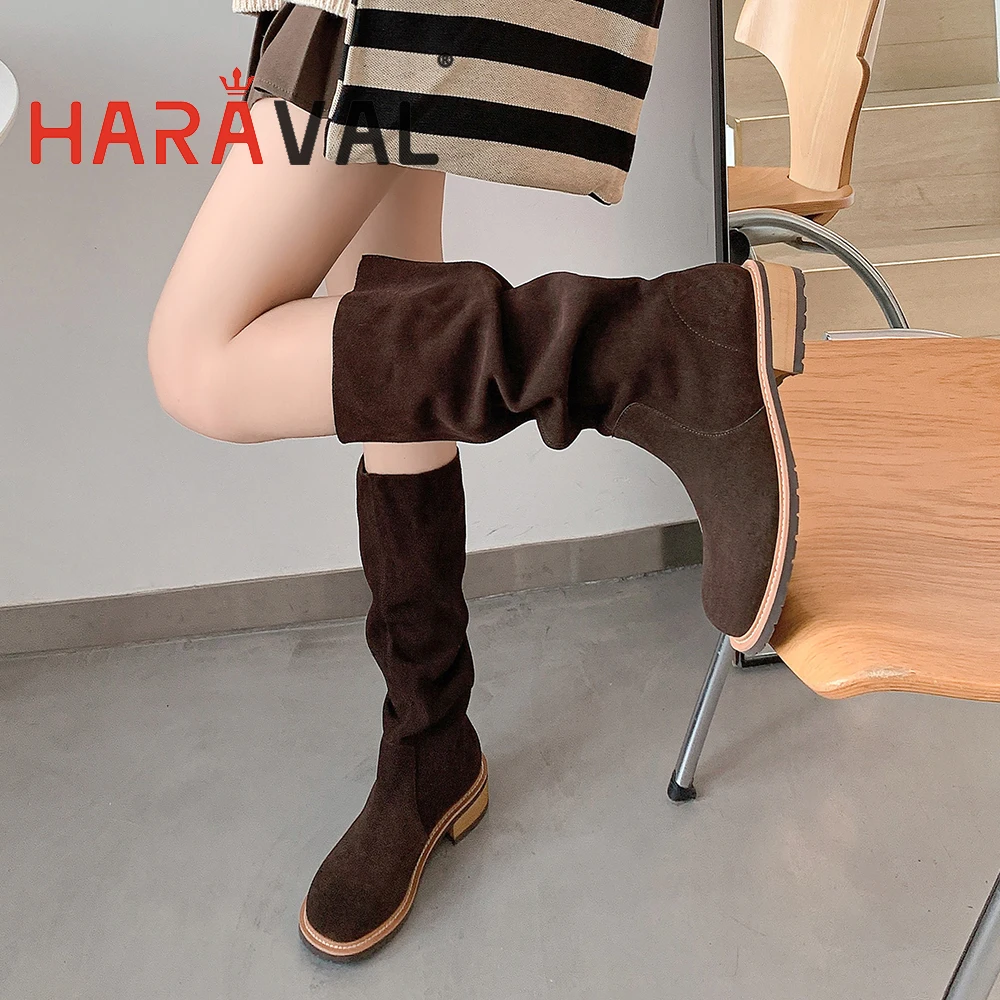 

HARAVAL Lady 2022 Fashion Knee High Boots Low Heels Suede Casual Outdoor Shoes Black Brown Slip On Women Winter Autumn Footwear