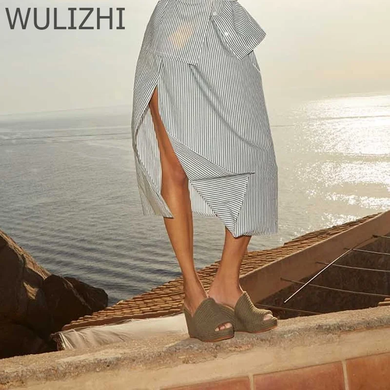 Women Shallow Casual Woven Espadarille Wedge Heels Low Platform Round Toe Slippers Striped Design Sporty Sandals Gladiator Shoes