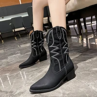 plus size womens western modern boots 2022 fall winter fashion ladies pointed toe high heels womens middle calf chelsea boots