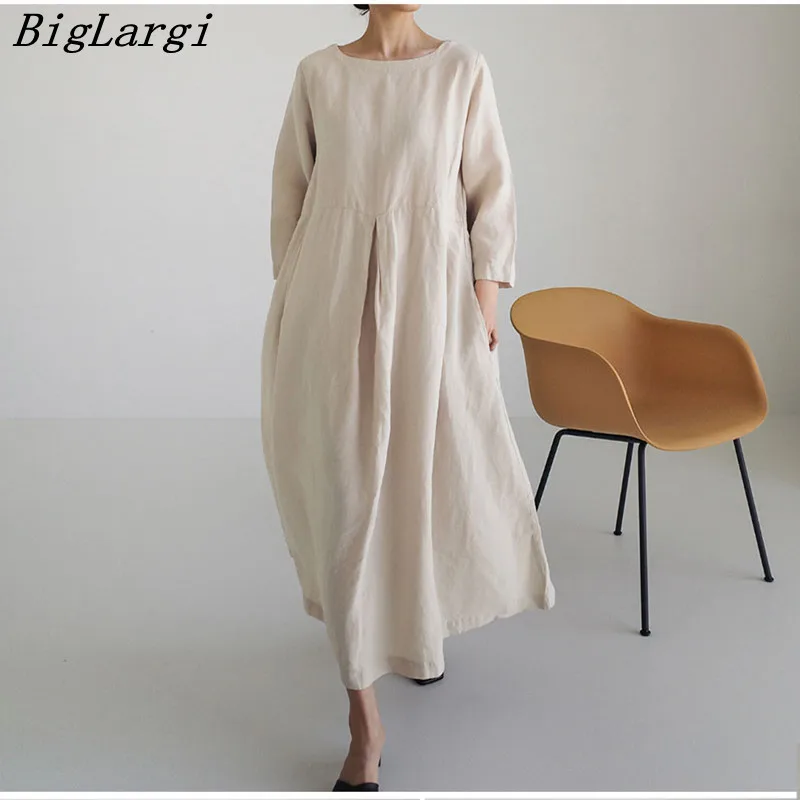 

Cotton Linen Chic Pleated Dress Women Office Elegant Long Ladies Dresses New 2023 Casual Loose Dress Female