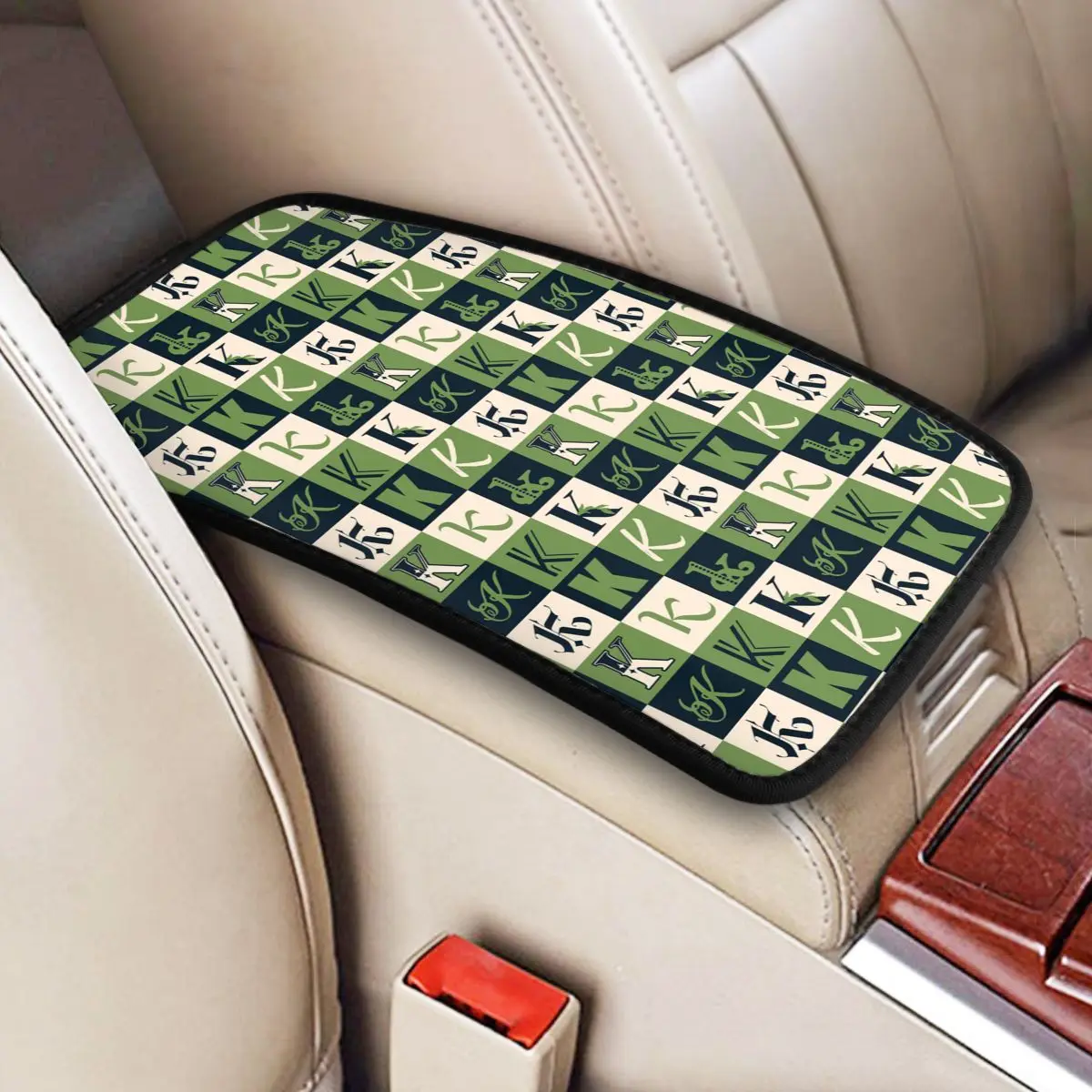 

Car Armrest Cover Mat Leather King K Checkerboard Grid Center Console Cover Pad Car Interior Accessories Waterproof