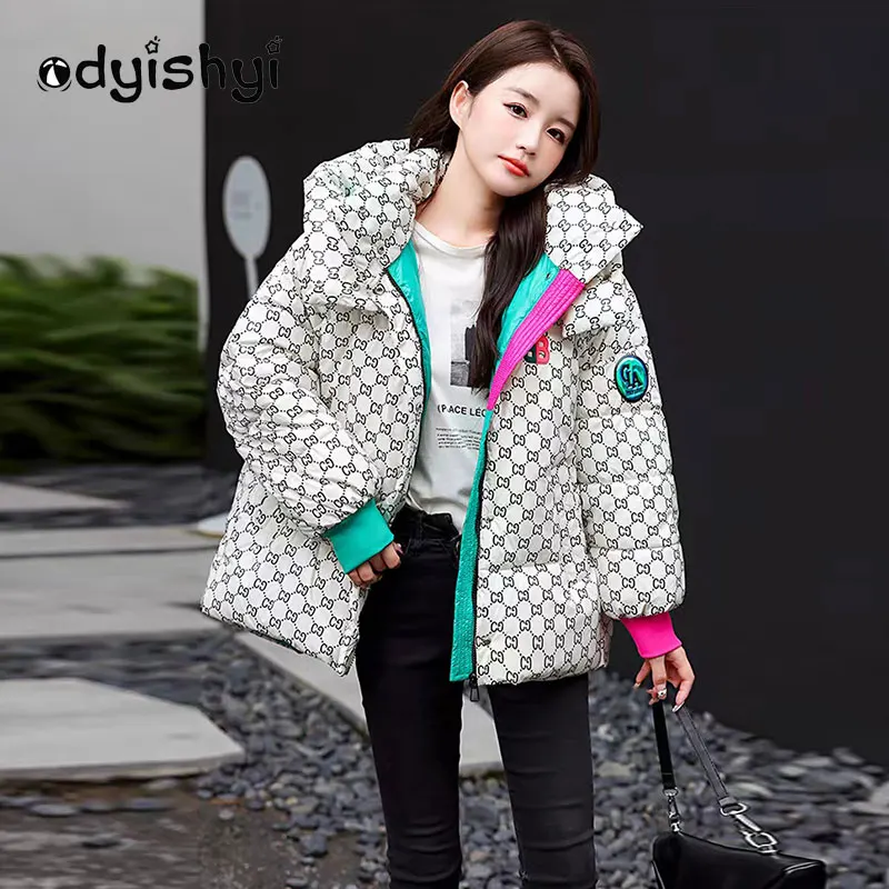 2022 New Women White Duck Down Coat Houndstooth Fashion Shiny Short Puffer Jacket Thick Loose Warm Winter Outwear Female YD90