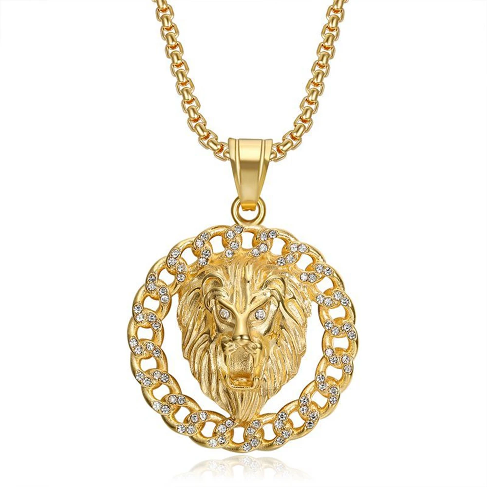 

Hip Hop Iced Out Cuban Chain Lion Head Pendant Male Gold Color Stainless Steel Animal Necklace For Men Jewelry High Quality