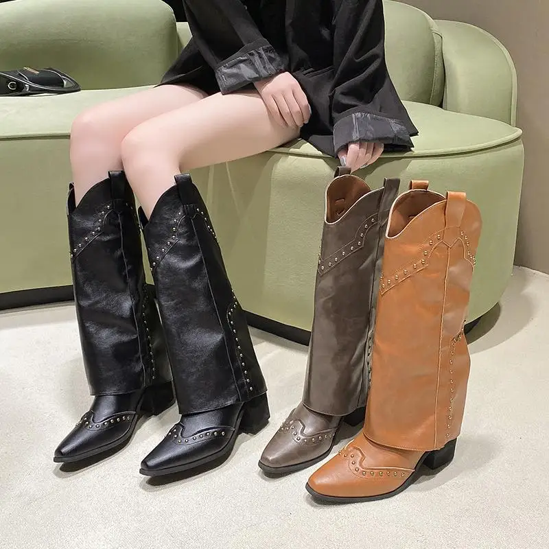 Женские сапоги роскошные дизайнерские с заклепками женские пикантные до бедра