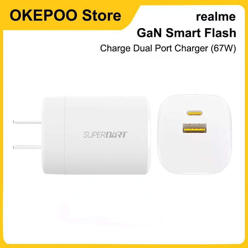 Original realme GaN Smart Flash Charge Dual Port Charger 67W Foldable for realme Smartphone Notebooks Macbook Pros