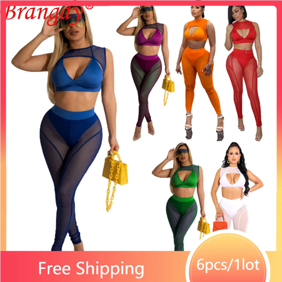 

6sets Wholesale Items for Fashion Clothing Women Mesh Leggings Outfits 2 Piece Set Sexy Crop Top Pantsuits Tracksuit B9256