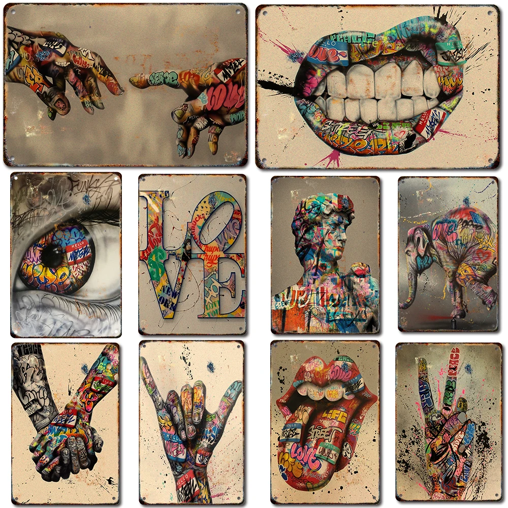 

Graffiti Decor David Hand Lips Plaque Tin Metal Vintage Decoration Sign Iron Plate Bar Art Modern Home Wall Decorative Aesthetic
