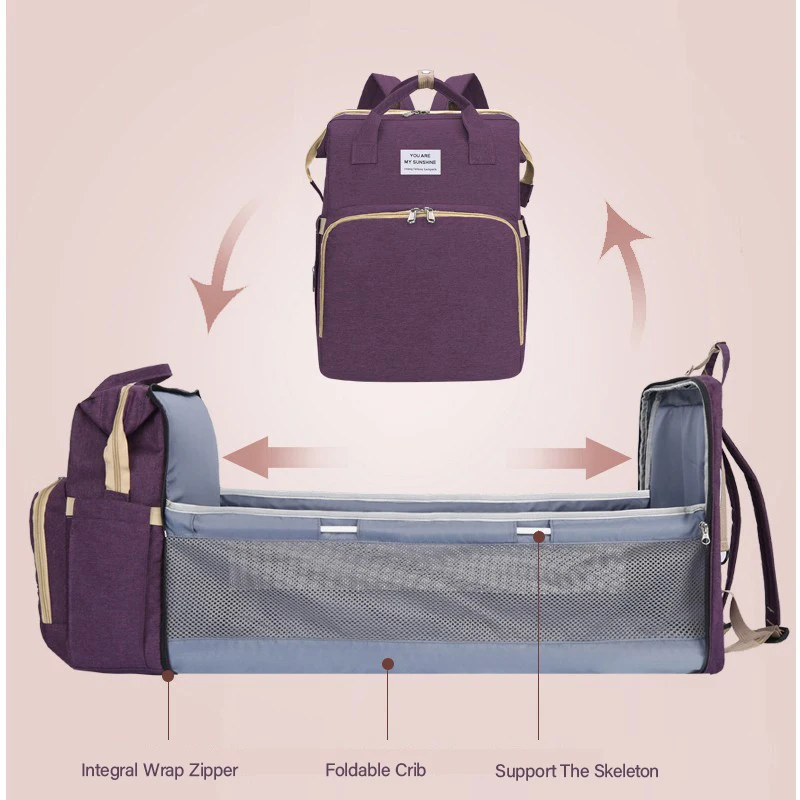 

3 in 1 Diaper Bag Backpack Organizer Portable Mummy Bag Multi-Functional Baby Bag Folding Crib Backpack with Diapers Changing