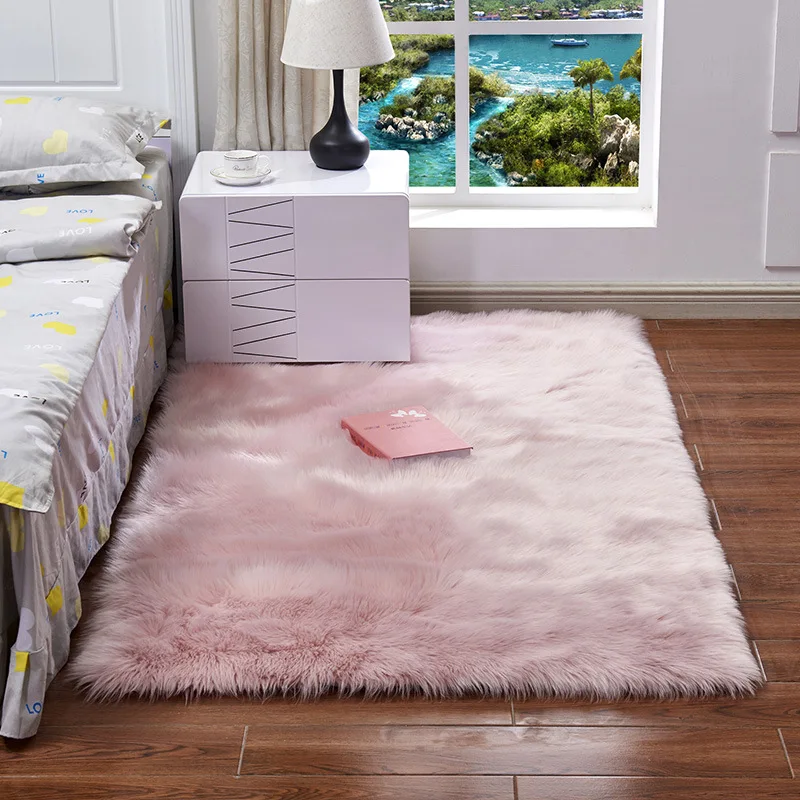 

Luxury Rectangle Square Soft Artificial Wool Sheepskin Fluffy Area Rug White Fur Carpet Shaggy Long Hair Solid Mat Home Decor