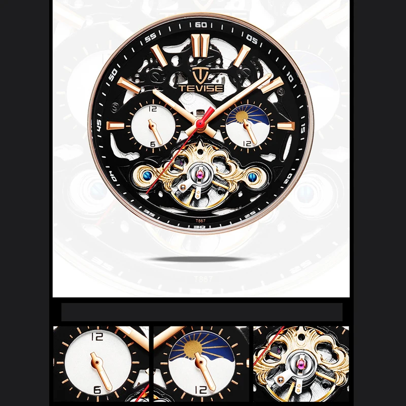 Механические часы с скелетом Луны и фазой для мужчин автоматические мужские