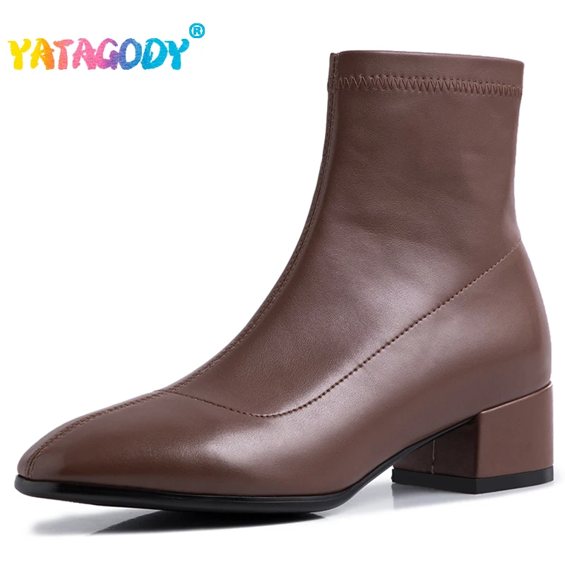 

YATAGODY Size 31-43 Stretch Boots For Women Thick Mid Heels Shoes Woman Fall Winter Ankle Boots Retro Square Toe Slip On Booties