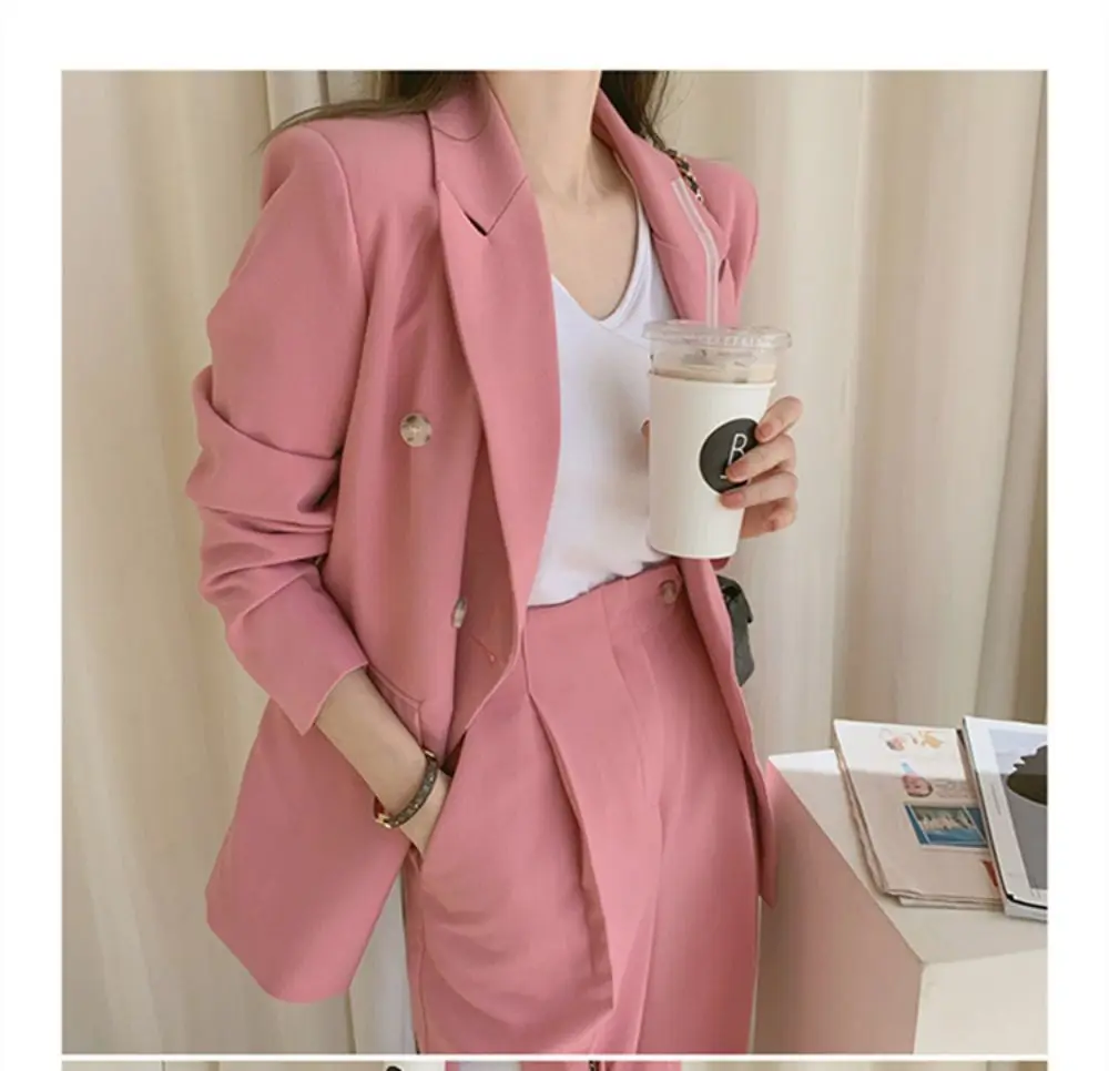 Korean Style Blazer Suits for Women Chic Two Piece Set Long Sleeve Loose Casual Jacket + High Waist Straight Pants Office Lady