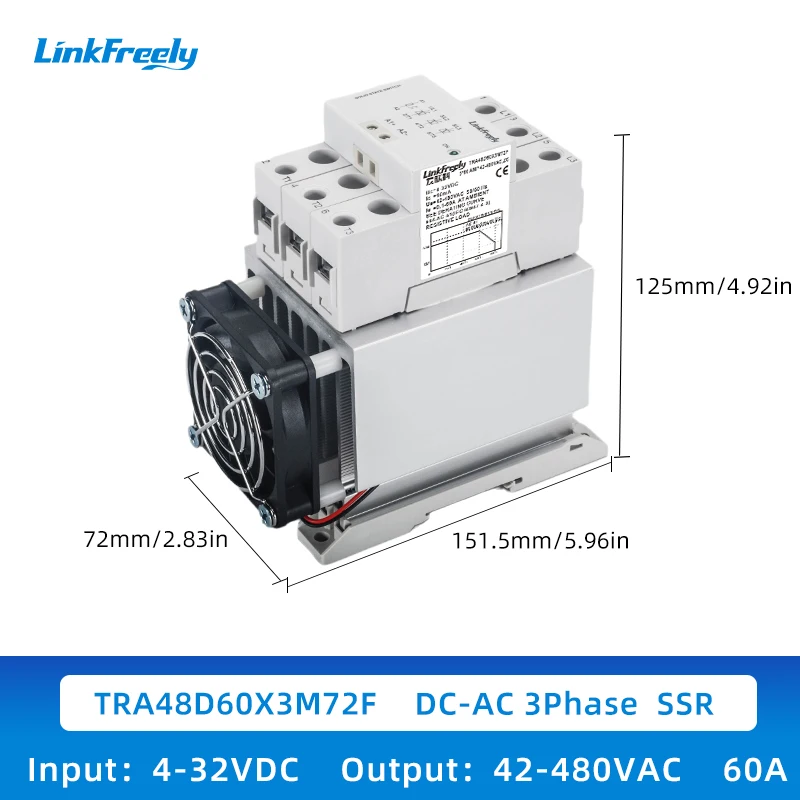 

TRA48D60 3M72F Ультратонкий трехфазный твердотельный релейный модуль переменного тока с радиатором Монтаж на DIN-рейку 60A 380VAC