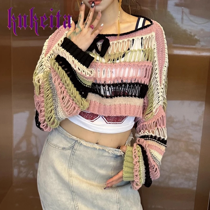 

Harajuku Y2K Aesthetic Vintage Colored Stripes Hollow Out Knit Smock Women Fairy Loose Crop Tops Casual Korean Summer Streetwear