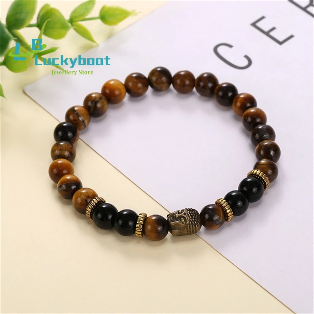 

Tiger Eye Stone Bronze Tibetan Silver Buddha Head Bracelet Men's and Women's Elastic Rope Jewelry