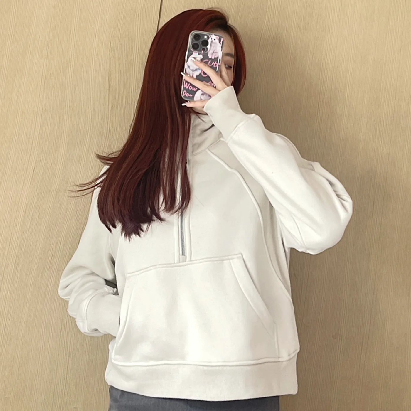

Embroidered Logo Scuba Oversized Half-Zip Hoodie Warmth Running Jacket Without Fleece Sport Casual Waist Length Sweatshirt
