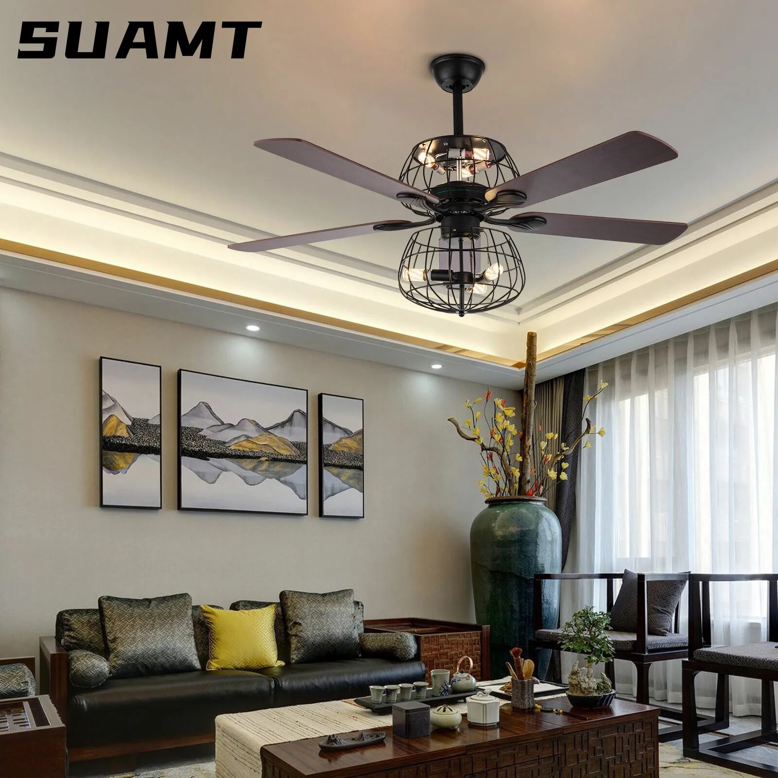 

52 ''светодиодный потолочный вентилятор светильник 3 скорости 5 реверсивных деревянных лезвий ретро вентилятор для люстры в фермерском стиле с дистанционным управлением