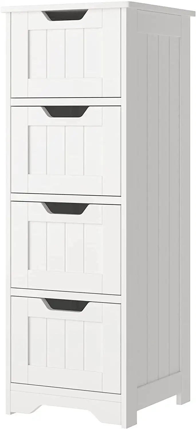 

Bathroom Floor Cabinet with 4 Drawers, Free Standing Medicine Cabinet Storage Organizer Unit for Living Room Bedroom, White