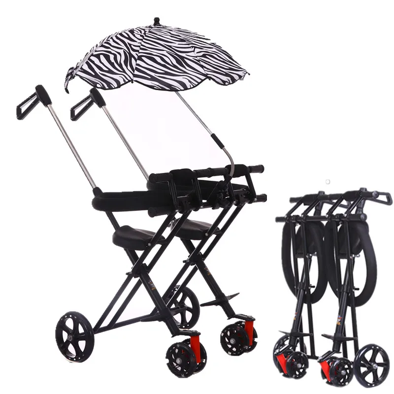 Foldable Twins Tricycle with Adjustable Back Pushbar, High Carbon Frame Portable 2 Kids Stroller, Light Cart of PU Wheel