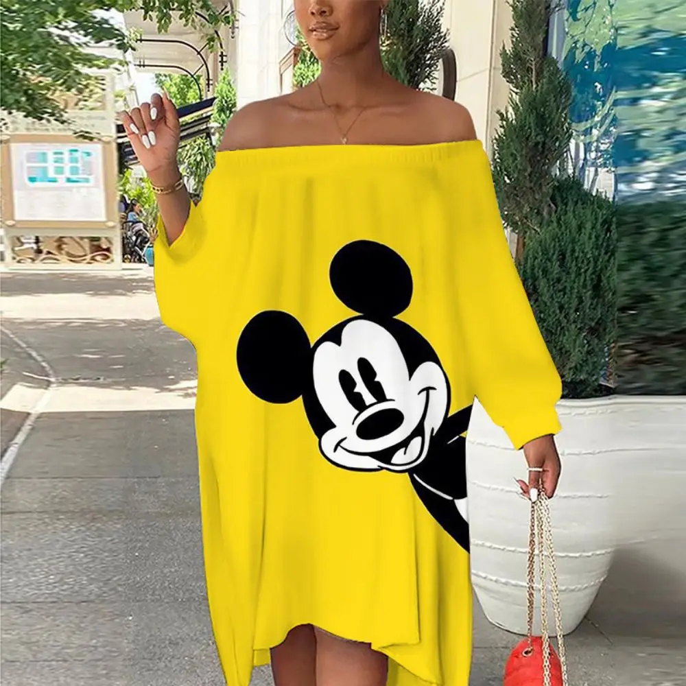 

Party Dresses Mickey Slash Neck Fashion Sexy Dress Women Elegant Luxury Woman Clothes Disney Strapless Minnie Mouse Summer 2022