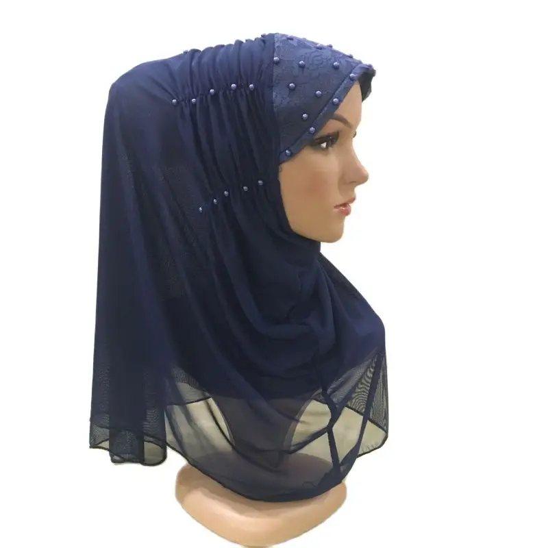 

H131 Beautiful Big Girls Adults Hijab Two Layers Net Fabric Muslim Al Amira Scarf With Crinkled Beads Islam Shawl Head Wrap
