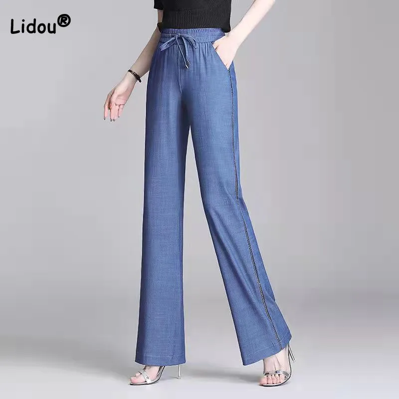 

Women's Clothing Straight Elastic High Waist Casual Wide Leg Trousers Summer Loose Fashion Drawstring Solid Color Cropped Pants