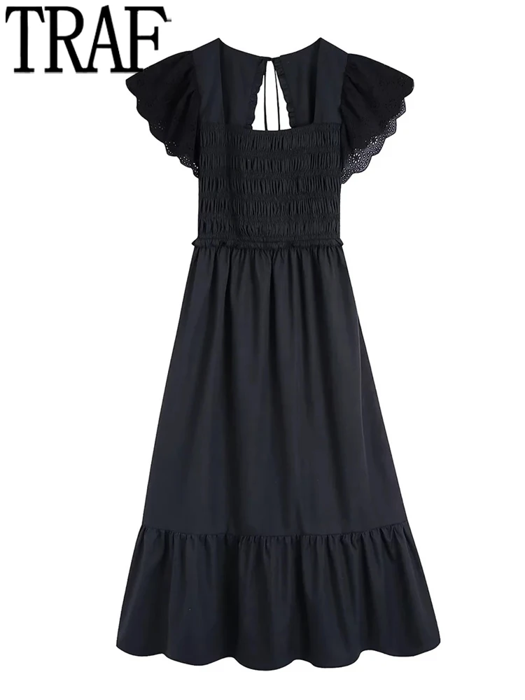 

Женское платье с вышивкой и открытой спиной, квадратным вырезом и коротким рукавом