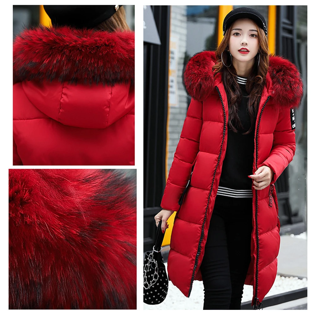 Winter Slim Hooded Cotton Jacket Thickened Warm Women Jacket Fashion Big Fur Collar Long Paragraph Thickened Down Cotton Jacket