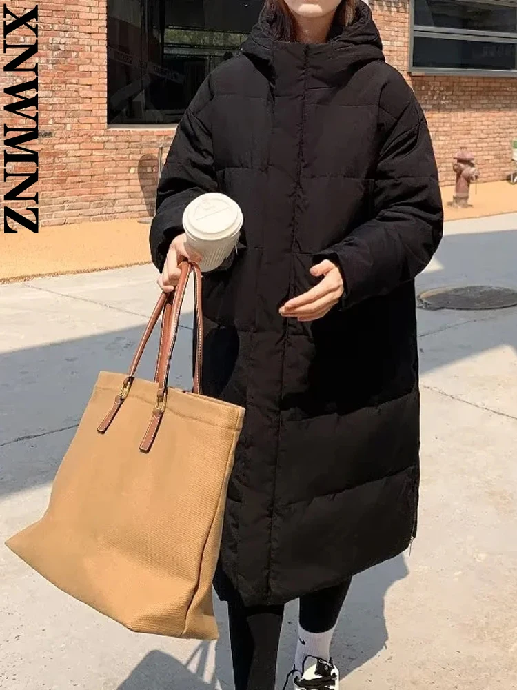 XNWMNZ 2022 women fashion mid-length hooded cotton-padded clothes female loose zipper pocket winter coat chic cotton clothes