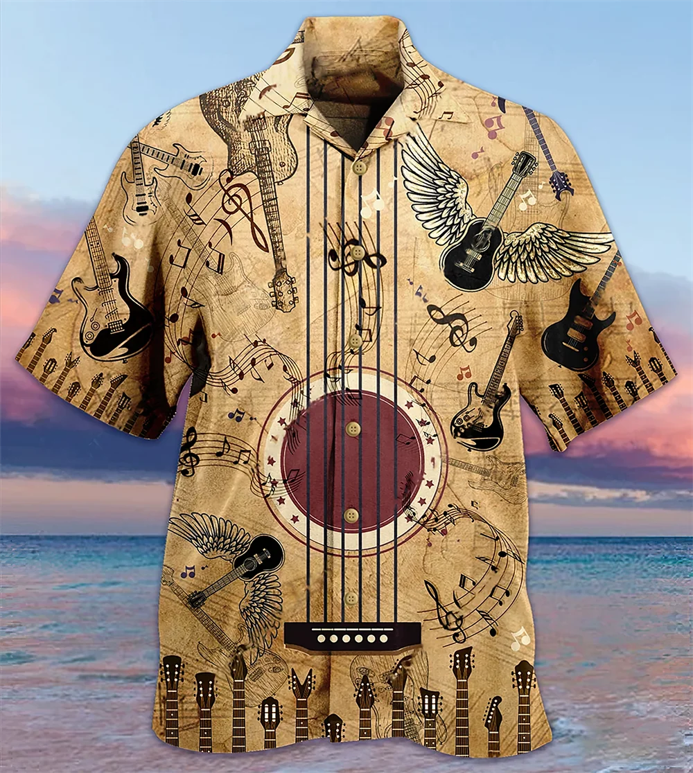 2023 Summer Men's Short Sleeve Shirt Hawaii Beach 3D digital Music Scenery Shirt Short sleeve S-5xl