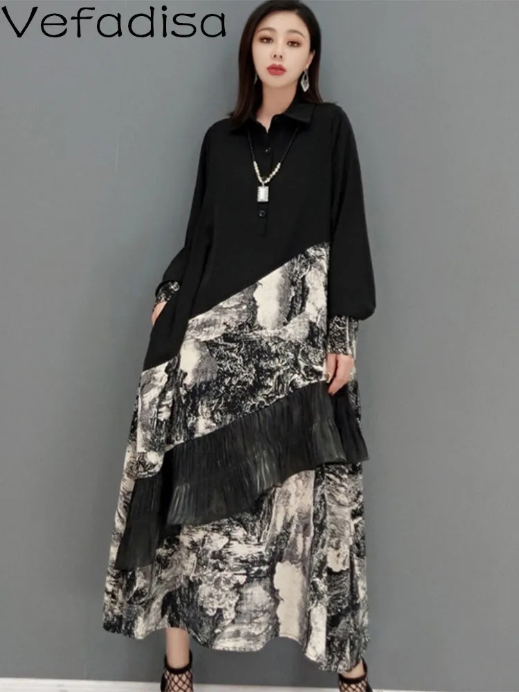 

Vefadisa Women Long Sleeves Lapel Dress Loose Mid-length Ruffles Splicing Printing Asymmetrical Dress 2023 Spring Autumn LHX1543