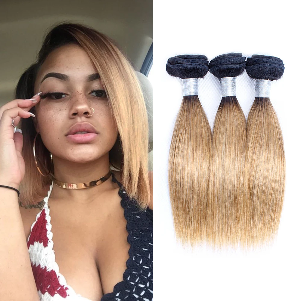 MOGUL HAIR Ombre Honey Blonde Weave Dark Brown Natural Black 1B 613 Indian Straight Remy Human Hair Extension 10-28 inch